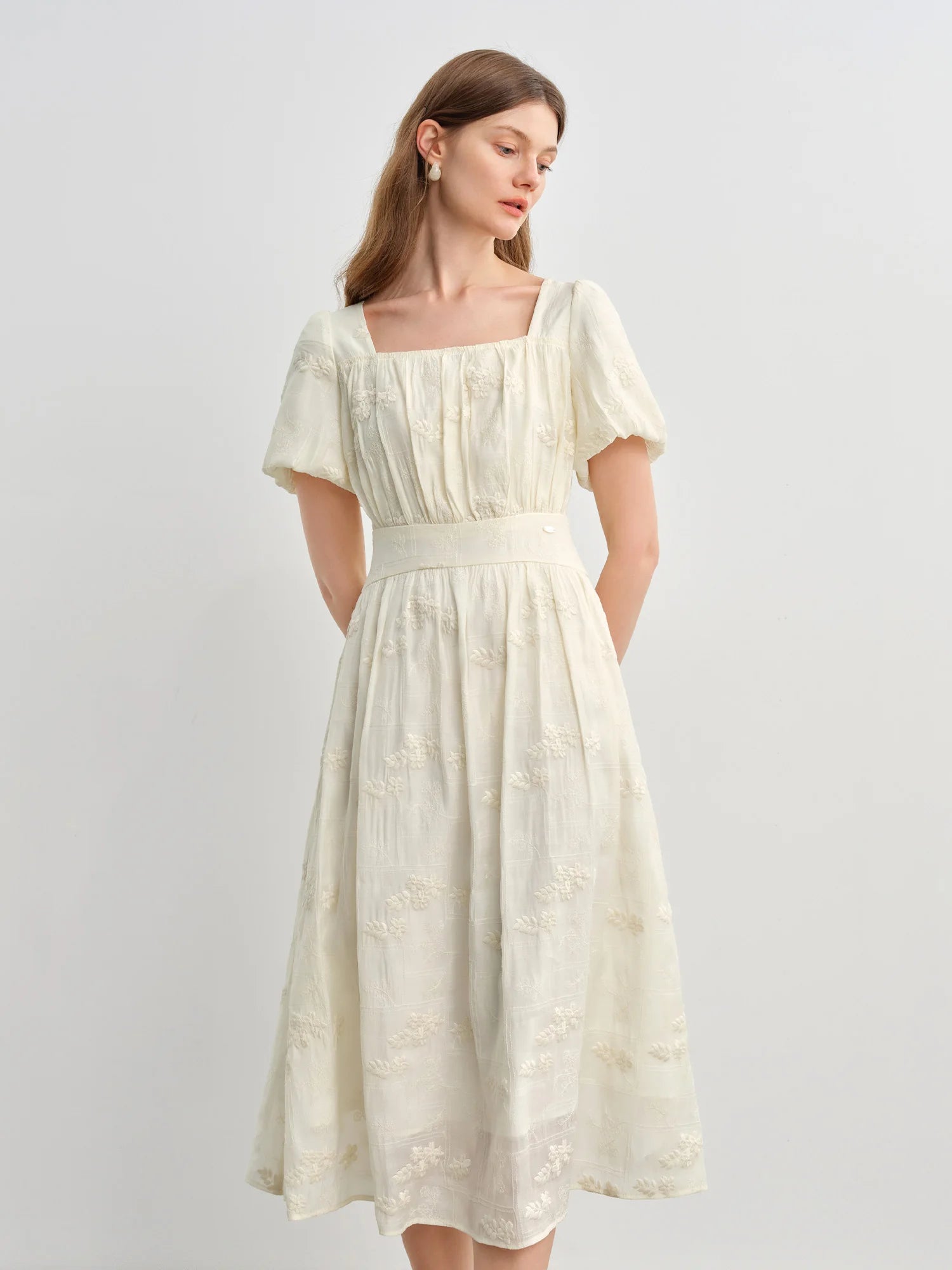FSLE Summer 2025 Women's Square Neck Dress - Floral Embroidered Tea Length Relaxed Fit Maxi with Flutter Sleeves