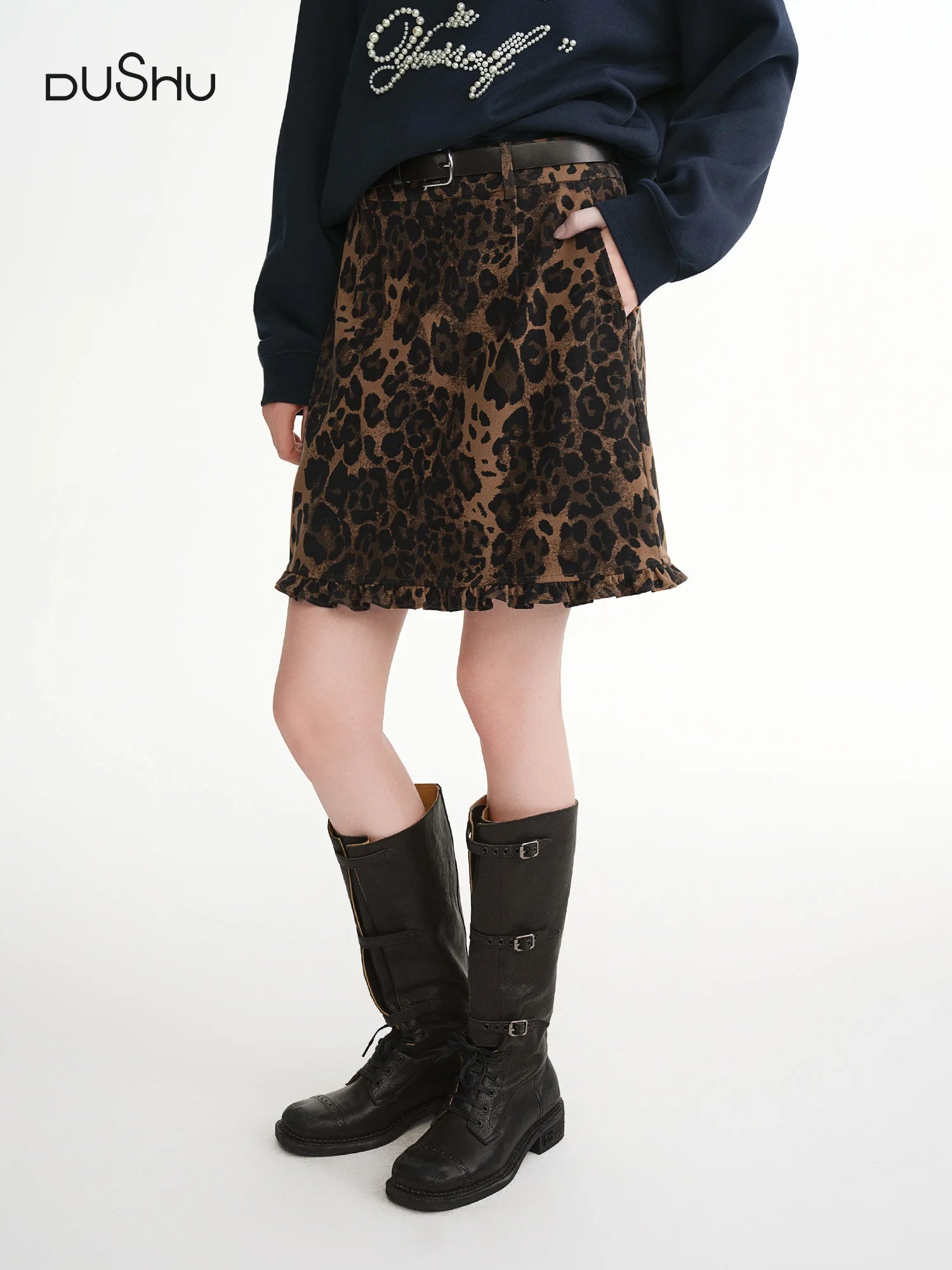 DUSHU 2025 Winter Women's Ruffle Trim Animal Print Short Skirt - A-Line Stretch Waist Mini Skirt for Casual and Date Nights