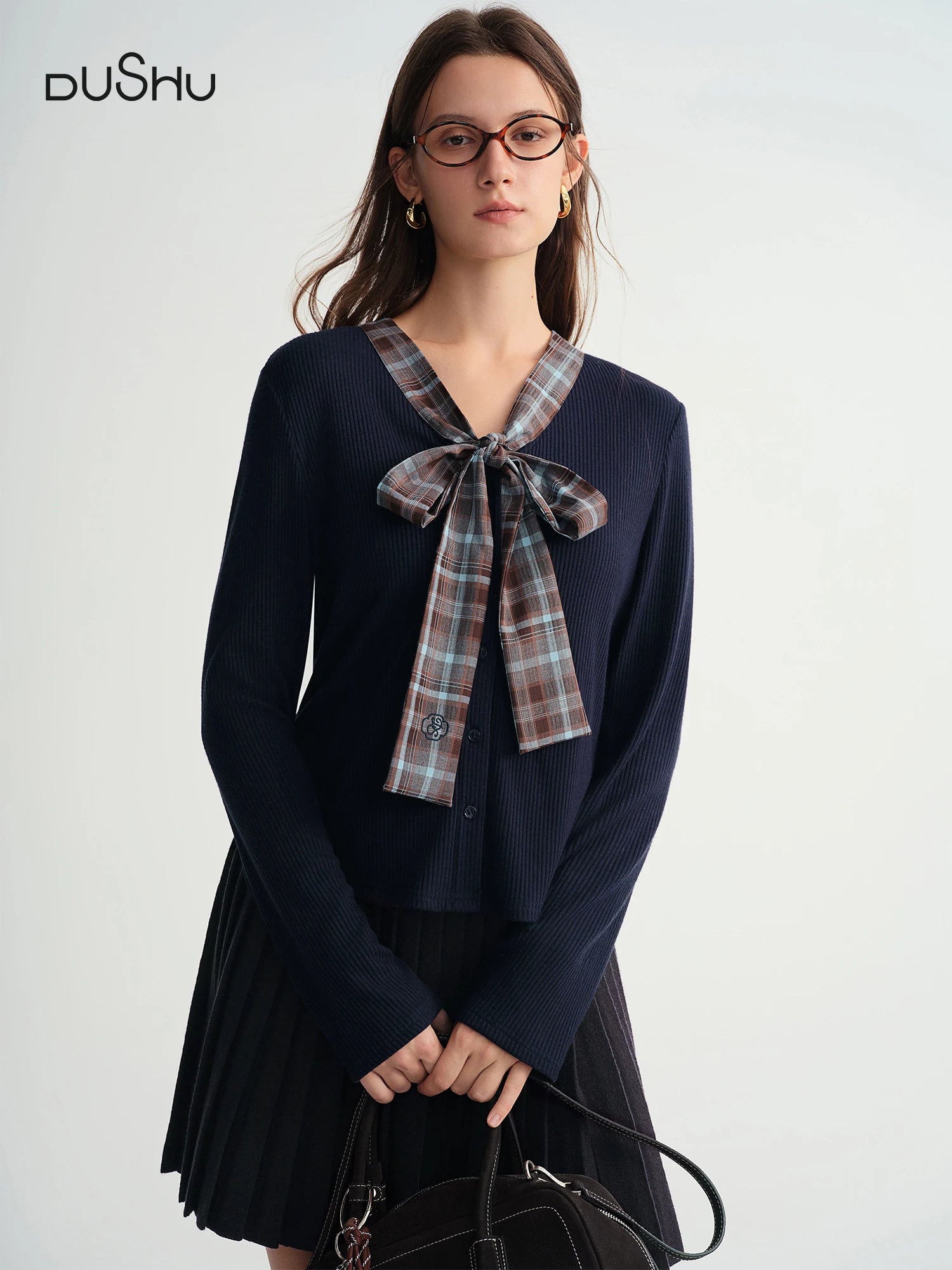DUSHU Autumn Winter 2025 Women's Plaid Mock Layer Knit Cardigan - Tartan Print Tie Collar Casual Coatigan Versatile Top