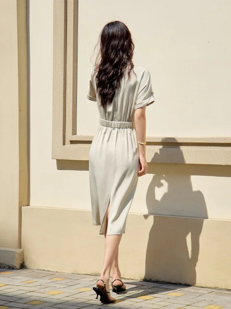 DUSHU 20.6% Acetate Women Khaki Temperament Long Single Breasted Dresses Turn-Down Collar Short Sleeve Women Dress 24DS82361