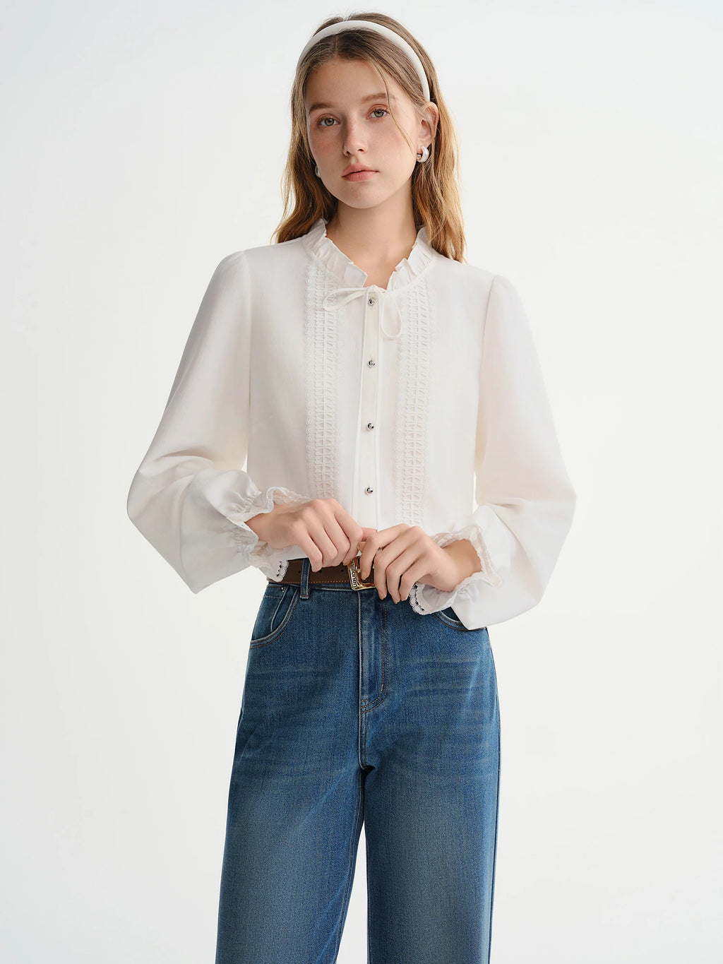DUSHU Plus-size Women's Clothing Jasmine Tale French-style Wooden Collar Stay Tie-front White Shirt Winter 2025 New Slimming Top