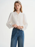 DUSHU Plus-size Women's Clothing Jasmine Tale French-style Wooden Collar Stay Tie-front White Shirt Winter 2025 New Slimming Top