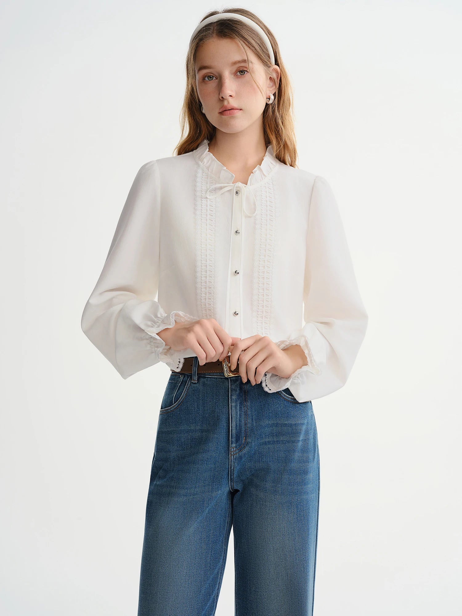DUSHU Plus-size Women's Clothing Jasmine Tale French-style Wooden Collar Stay Tie-front White Shirt Winter 2025 New Slimming Top