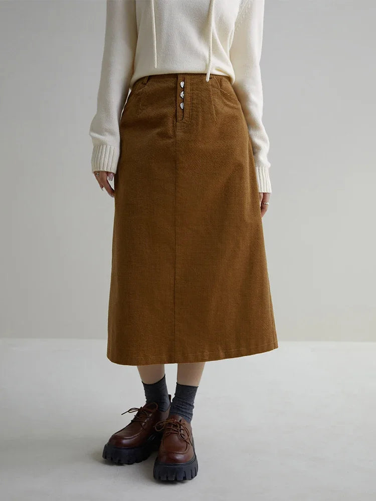 DUSHU Vintage Plaid Design High Waist Straight Tube Skirt for Women New Winter Corduroy Solid Color Casual Long Skirt for Female