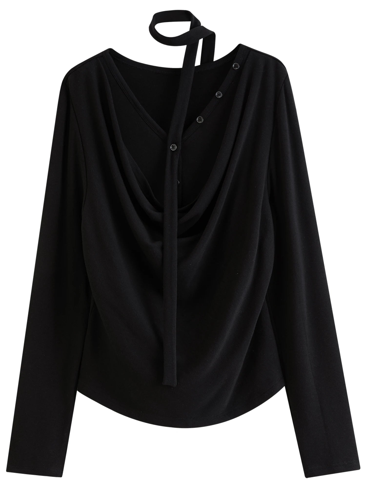 DUSHU Plus-Size Women Layered Art Long-Sleeve T-Shirt with Floating Ribbon neckline Mock Two-Piece Slimming Top for Curvy Women