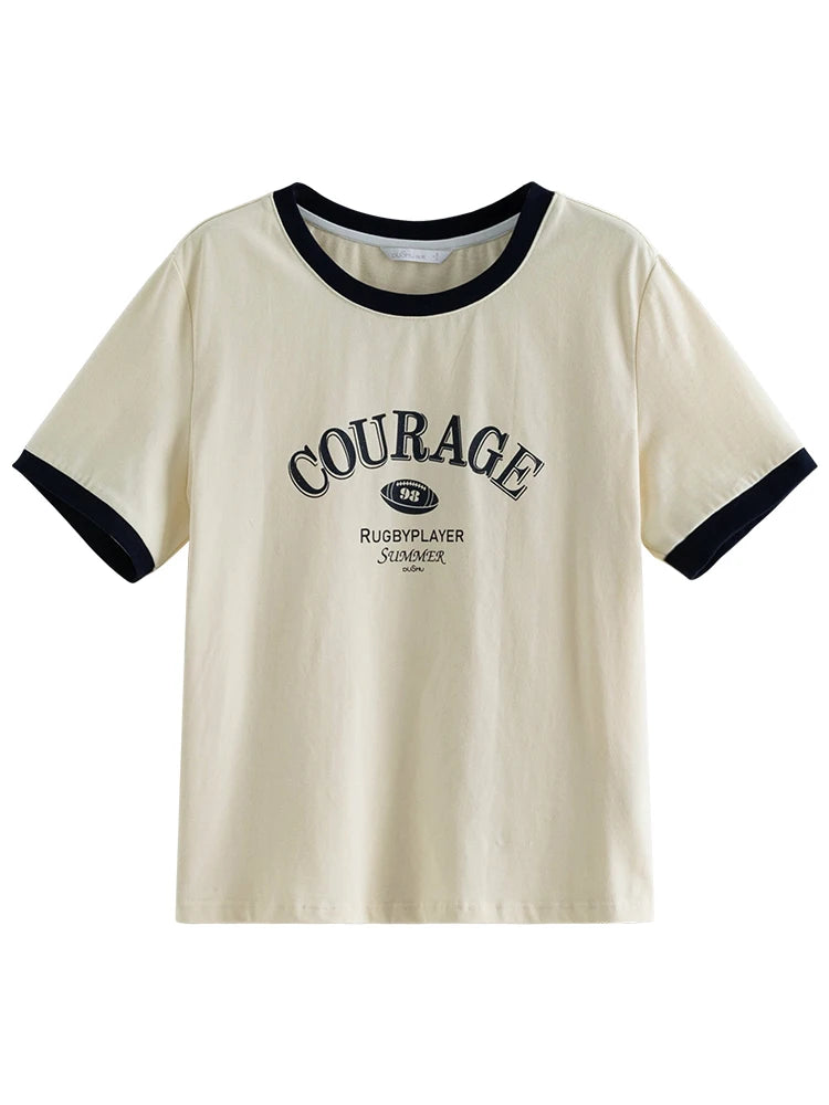 DUSHU Women T-Shirts Simple Printed T-shirt for Women Summer Short Sleeve Tees Round Neck Pink T-Shirt for Women