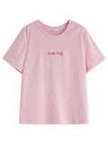 DUSHU Plus-Size Women O-Neck Top Summer Essentials Contrast Letter Print High-Elasticity Slimming Proper Shoulder Tees 25DS82622