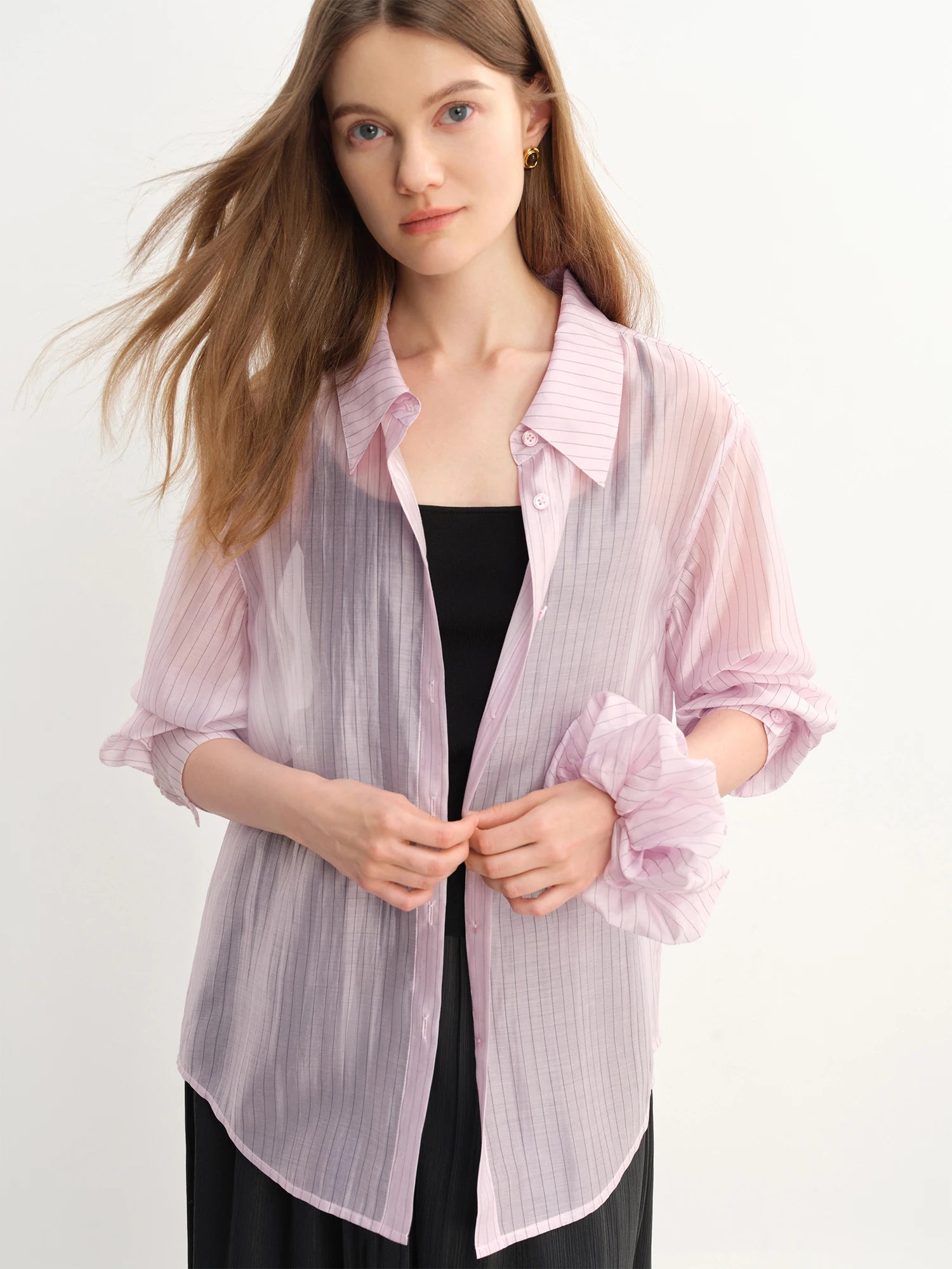 DUSHU Plus Size Striped Perspective Long-sleeved Shirt For Women 2025 Summer New Arrival Fresh Chic Tops for Women 25DS82832