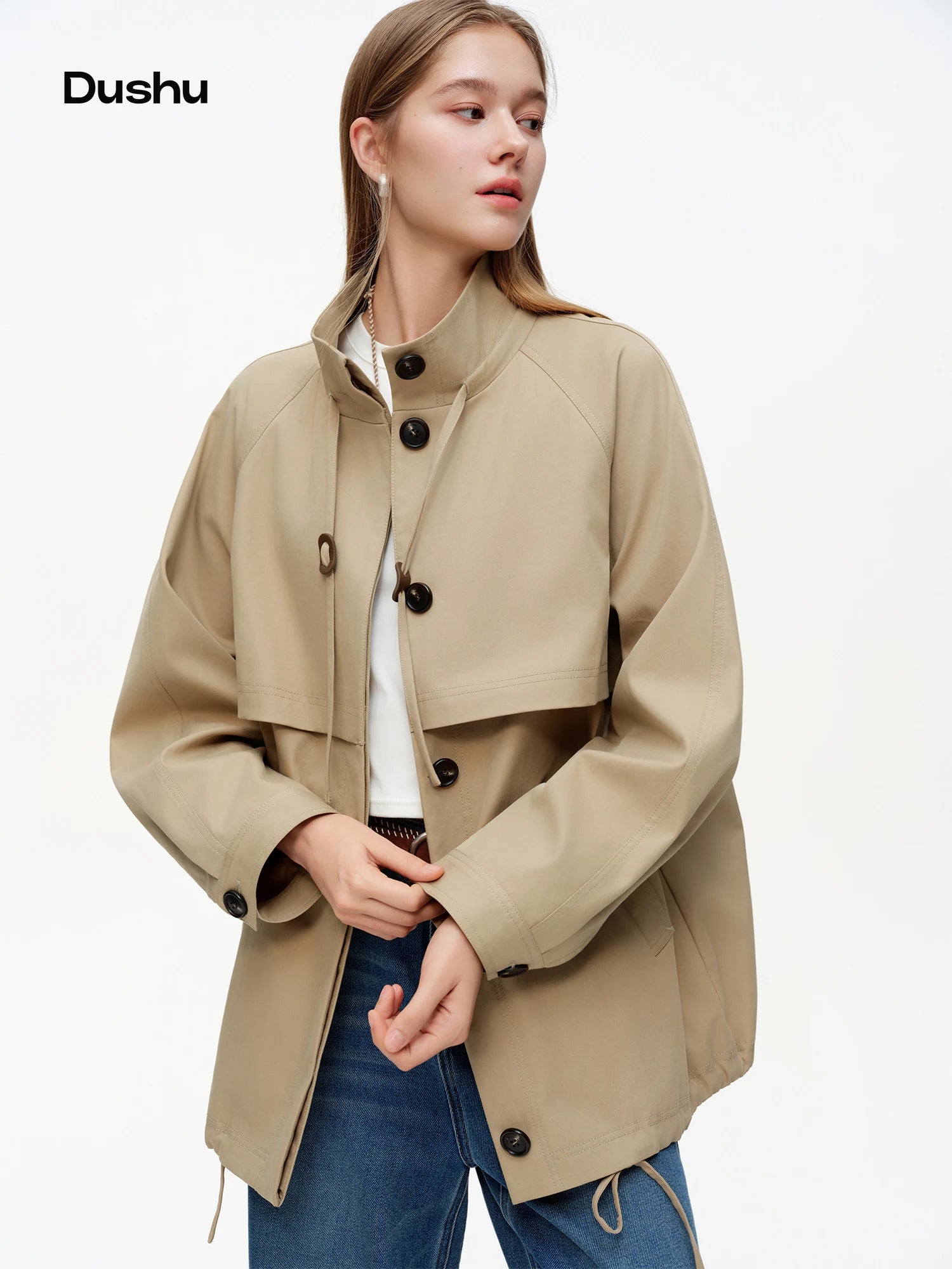 DUSHU Women's Casual Mid-length Khaki Trench Coat 2026 Spring Long Sleeve Elegant Outerwear Single-breasted Commuting