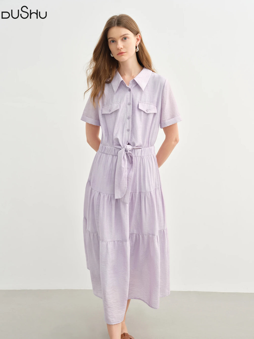DUSHU Holiday Season Women Lyocell Elegant Style Shirt Dress 2025 Summer New Arrival Romantic Casual Chic Long Dress 25DS82703