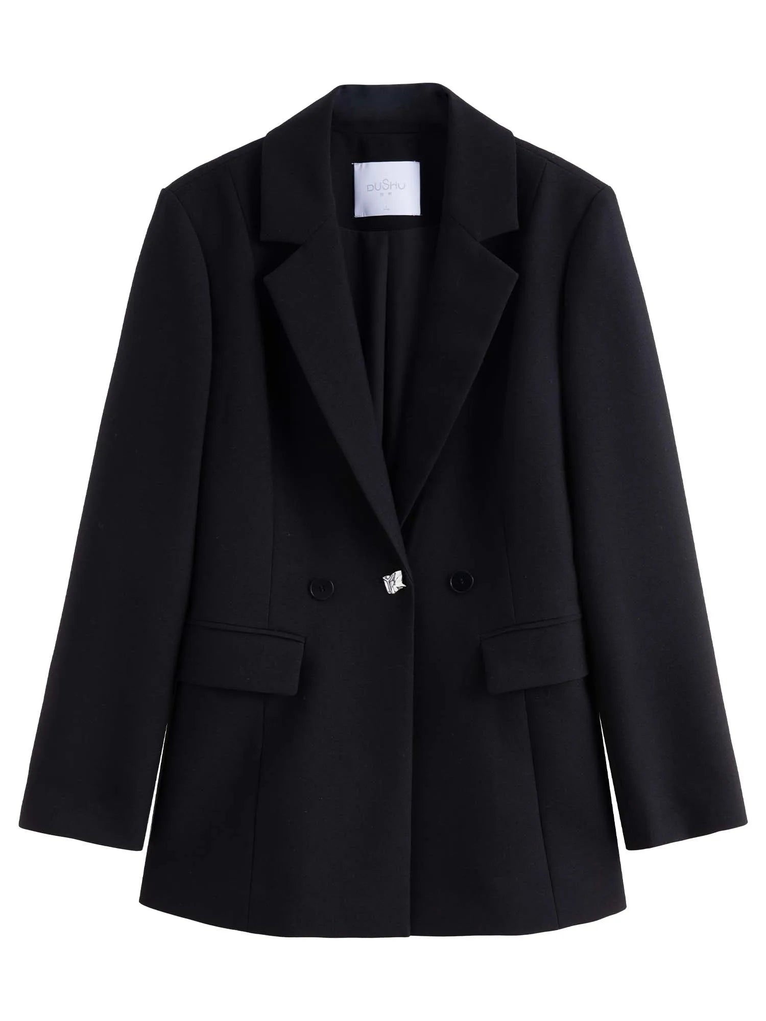 DUSHU Women Black Blazer 2025 Spring Simple Temperament Slim Blazers Coats Two Button Decoration Office Lady Coat 25DS81145