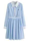 DUSHU 2026 Spring Women's Academic Style Blue White Striped Shirt Dress - Belted Waist A-Line Mid-Length Casual Dress for Campus