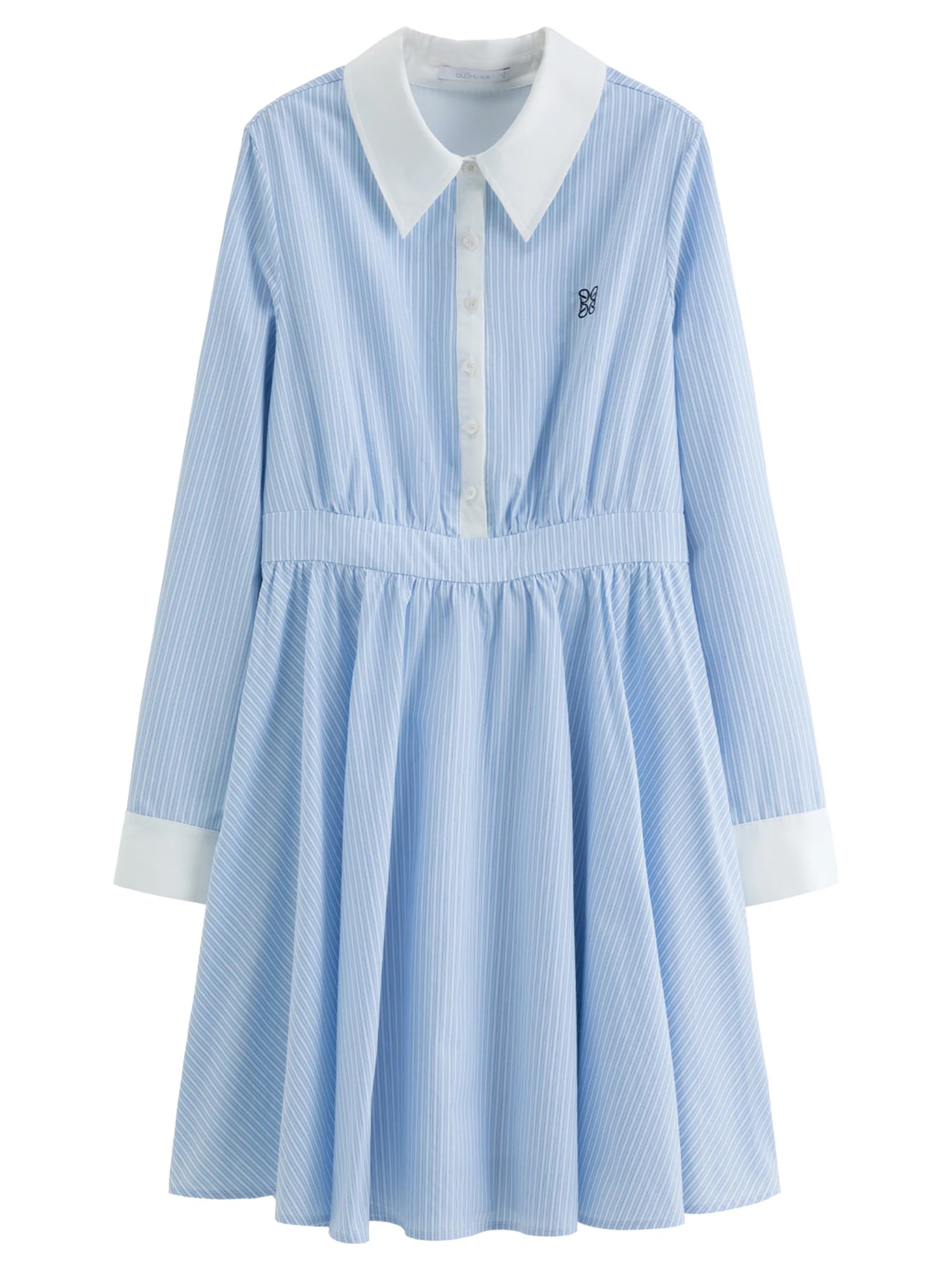 DUSHU 2026 Spring Women's Academic Style Blue White Striped Shirt Dress - Belted Waist A-Line Mid-Length Casual Dress for Campus
