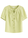 DUSHU 2025 Summer Women's Curve-Flattering H-Line Shirt - Botanical Tie-Waist & Breathable Linen for Effortless Chic