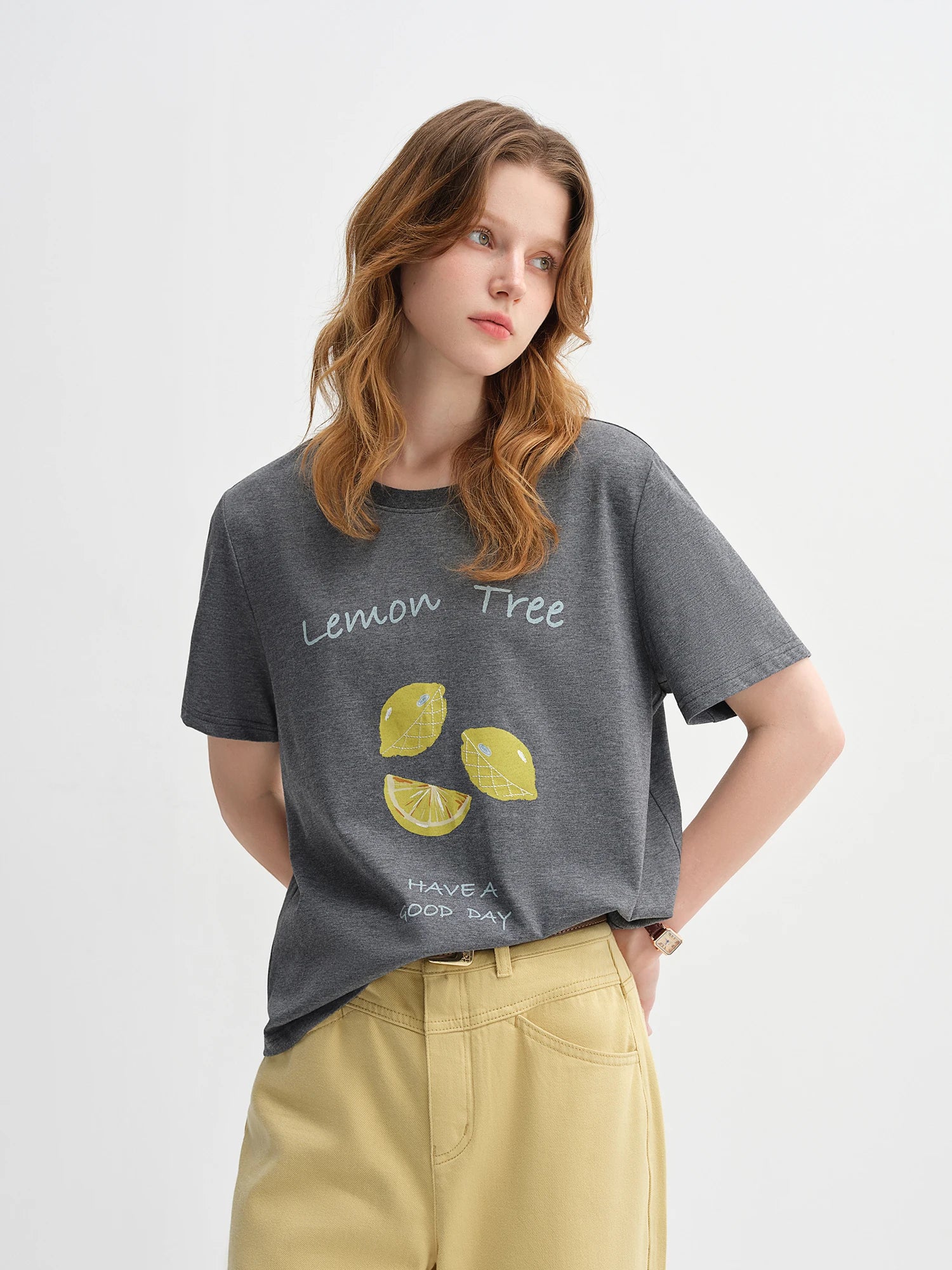 DUSHU 79.6% Cotton Women's Simple Straight Shoulder Loose Fruit Print T-shirt Female 2025 New Autumn Short-sleeved Top 25DS83171