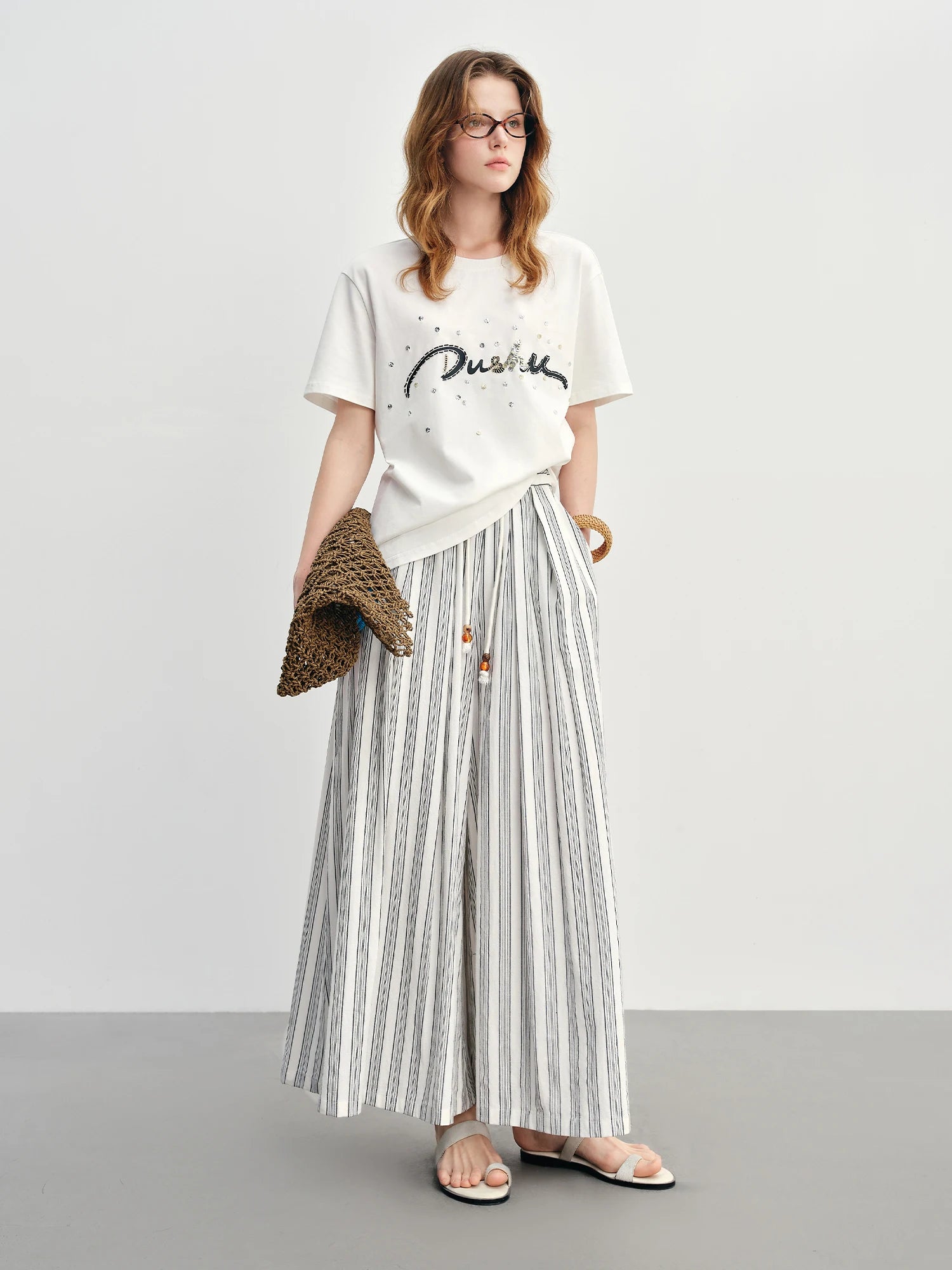 DUSHU Summer 2025 Women's Textured Cotton-Linen Wide Leg Pants - Minimalist Stripe Drawstring Waist Relaxed Fit for Resort