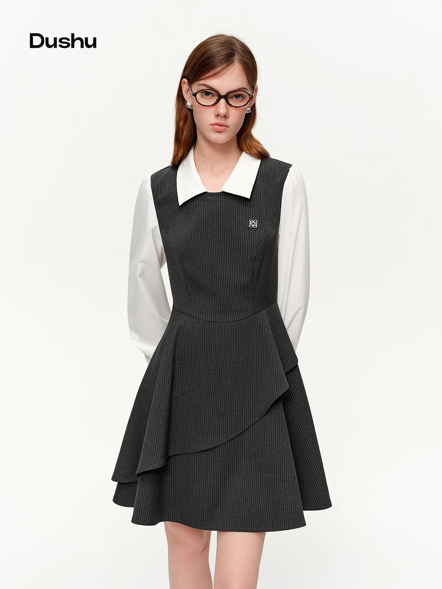 DUSHU Preppy Style Fake Two-piece Dress Women New Spring Style Waist-cinching and Slimming Mini Dress Long Sleeve