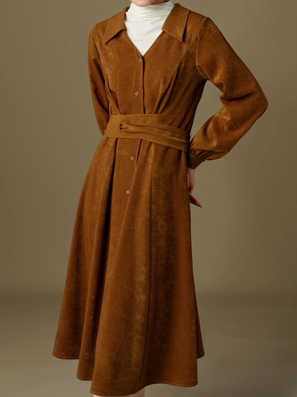 DUSHU【2 Colors】Women Winter Long Dress Thicken Snowflake Velvet Elastic Twill Dress Cross-Belt Design Dark Red Dresses 24DS84366