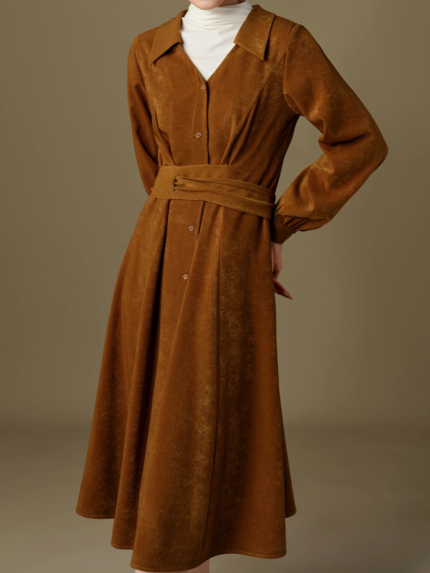 DUSHU【2 Colors】Women Winter Long Dress Thicken Snowflake Velvet Elastic Twill Dress Cross-Belt Design Dark Red Dresses 24DS84366