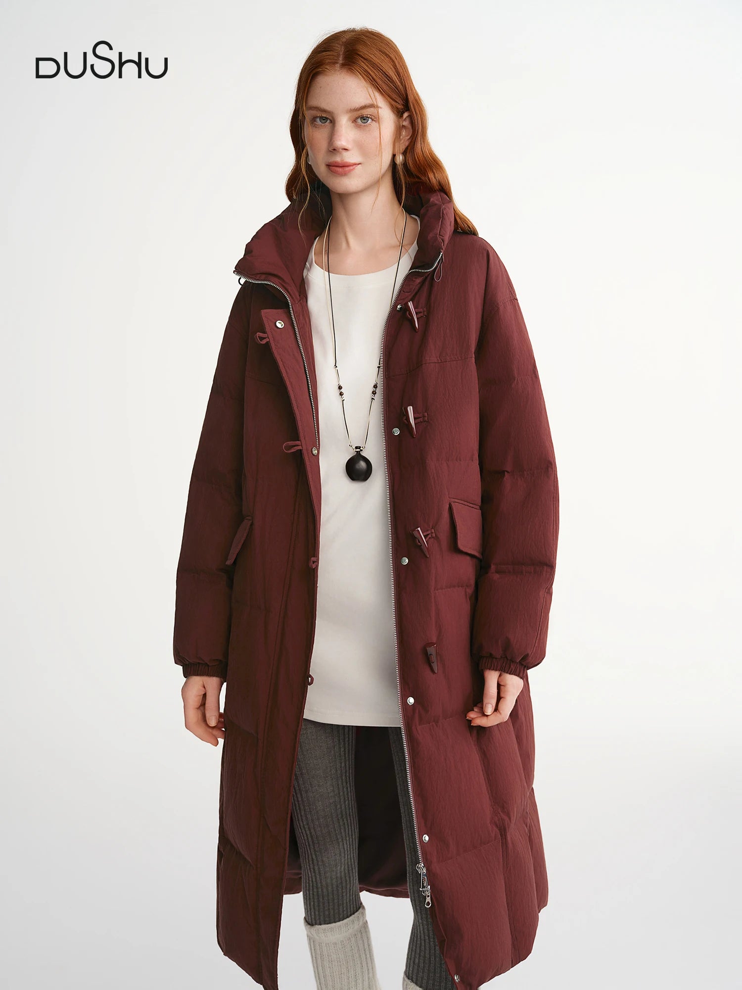 DUSHU Stand Collar Horn Button Long Down Jacket 2025 White Duck Down Jacket Simple Solid Leisure Straight Coats Loose Fit