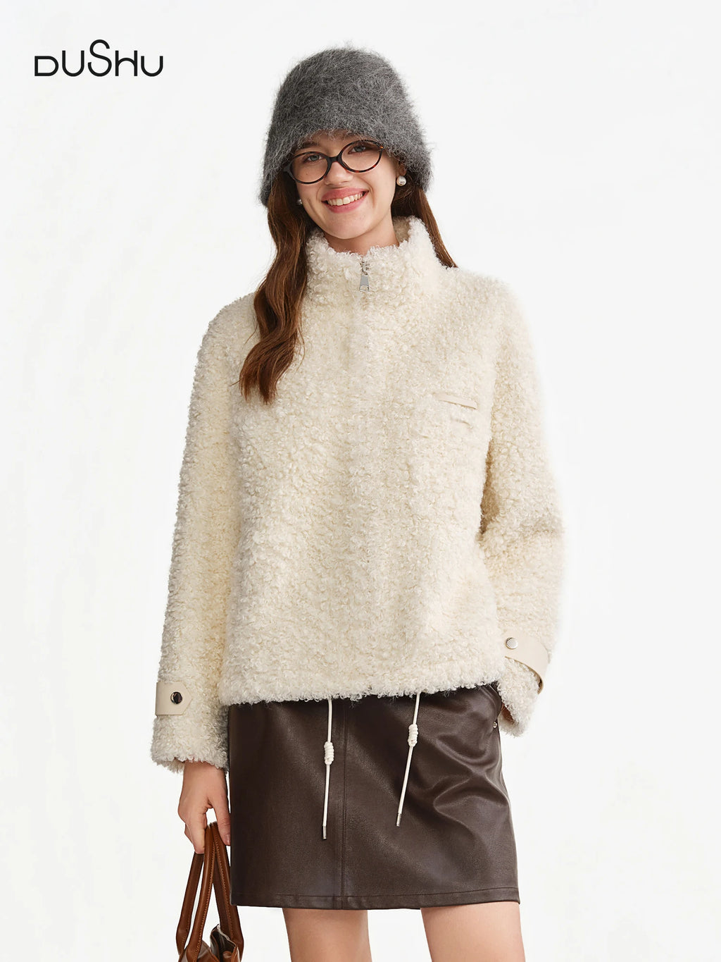 DUSHU White Bear Plus-Size Women's Curly Fur Eco-Friendly Faux Fur Standing Collar Oversized Winter Coat with Warm Design Coats