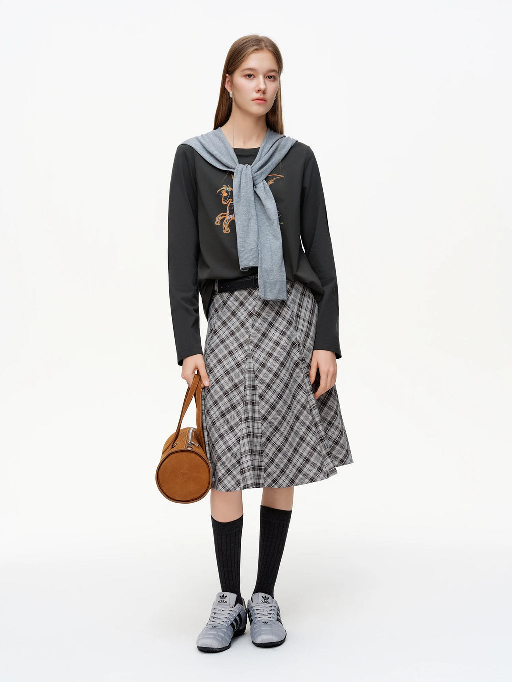 DUSHU Women's Plaid A-Line Midi Skirt 2026 Spring Diagonal Panel Slim Fit Preppy Style Retro Classic Irregular Design Commuting