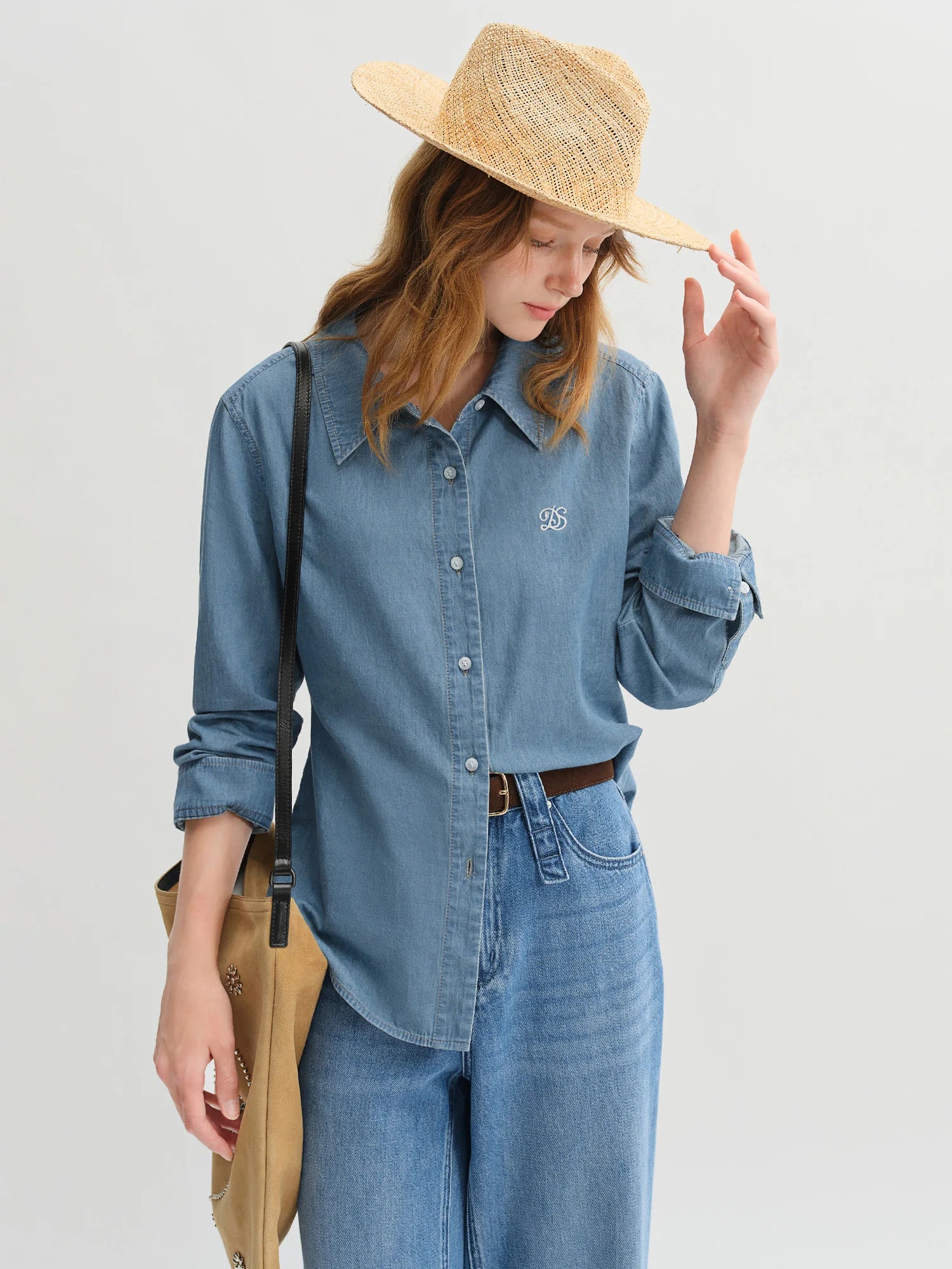 DUSHU Plus Size Double Collar Design Denim Shirt For Women 2025 New Arrival Autumn French Style Top 25DS83269+25DS83083