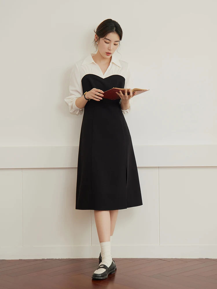 DUSHU Large Size Tulip Skirt Double Version Dress for Women Black and White Splicing Slim Spring New Style Commuter Dress Female