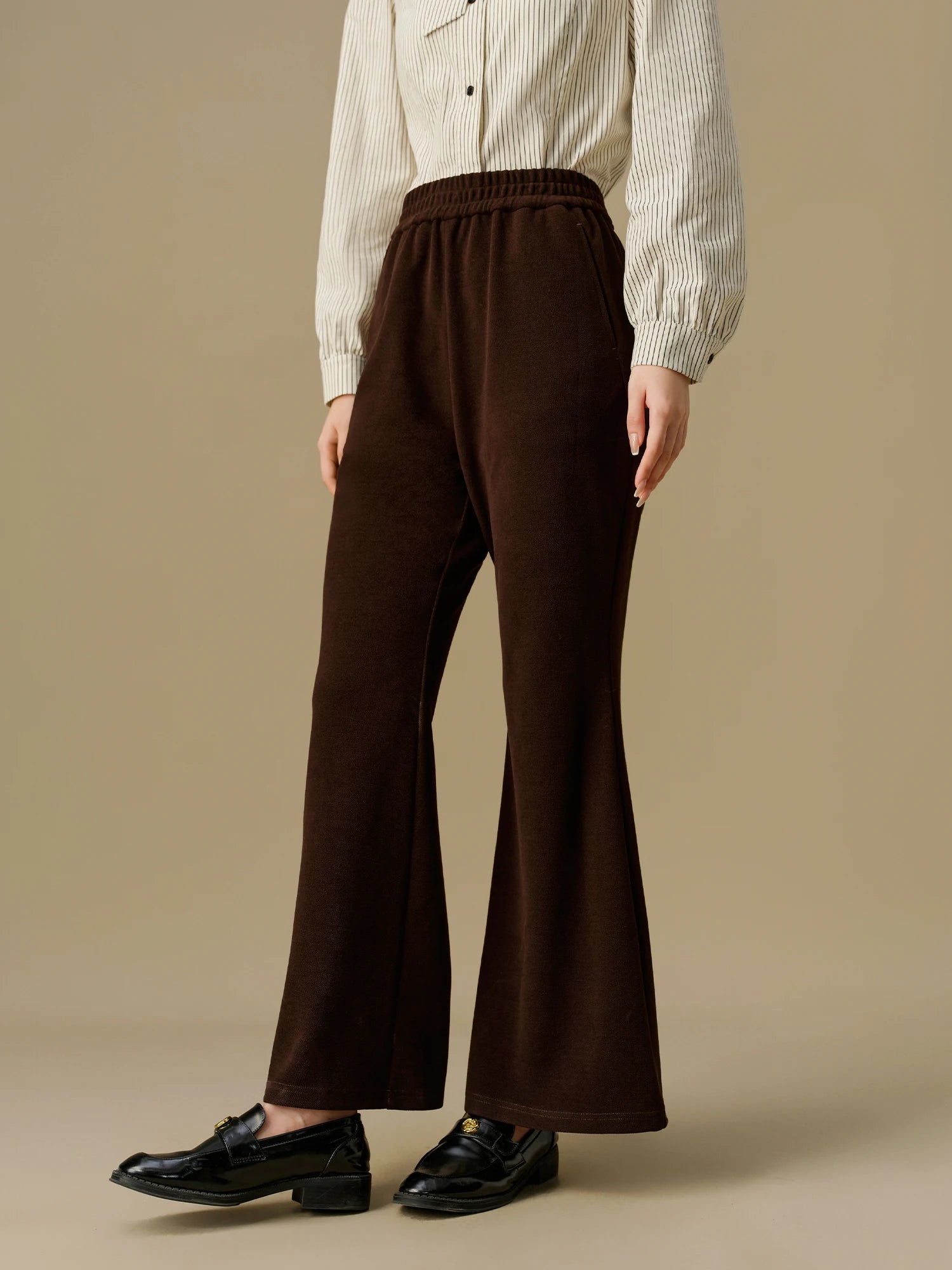 DUSHU Women Winter Black Trousers Elastic Waist Thicken Female Brown Cropped Pants Plus Size Elastic Flared Pant 24DS84471