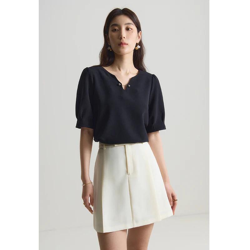 DUSHU Designed V-neck Chiffon Shirt for Women Summer New Style Elegant Sense Loose Slimming Top Shirts Female 24DS82083
