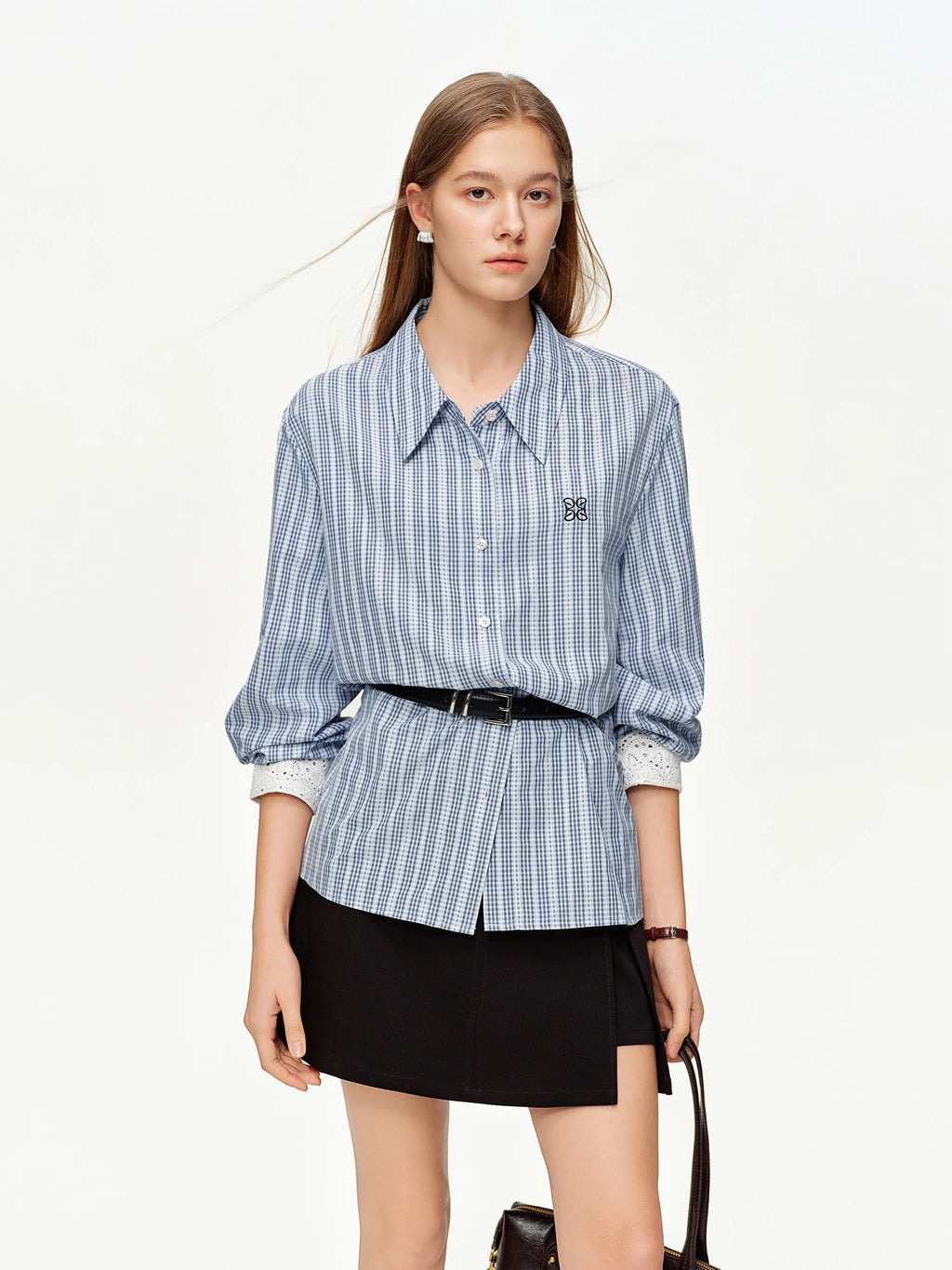 DUSHU 2025 Spring Women's Lace Trim Jacquard Striped Shirt - Tie Waist Blouse with Floral Pattern for Casual and Office Wear