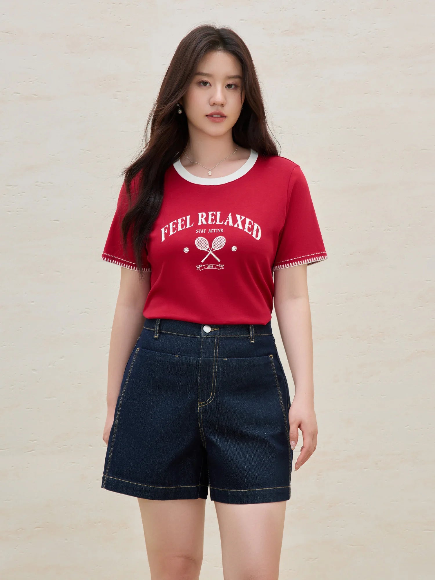 DUSHU 2025 Summer Women's Vintage Contrast-Stitch Round Neck Tee - Relaxed Fit & Breathable Cotton Blend for Casual Chic Style