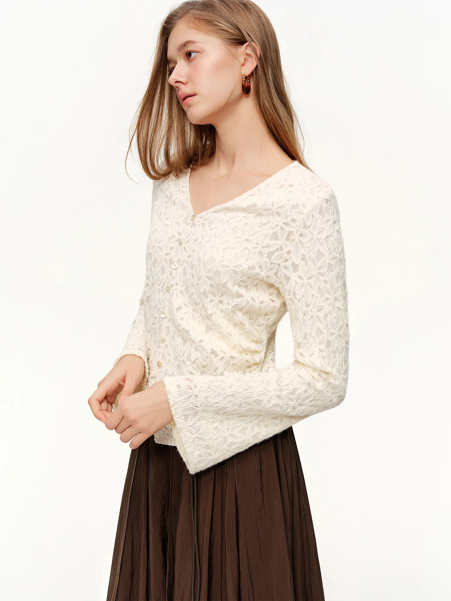 DUSHU 2026 Spring New Arrival Women's Textured Waist Top, Lace Trim Belted Blouse for Coquette Elegant Soft Office Chic Style