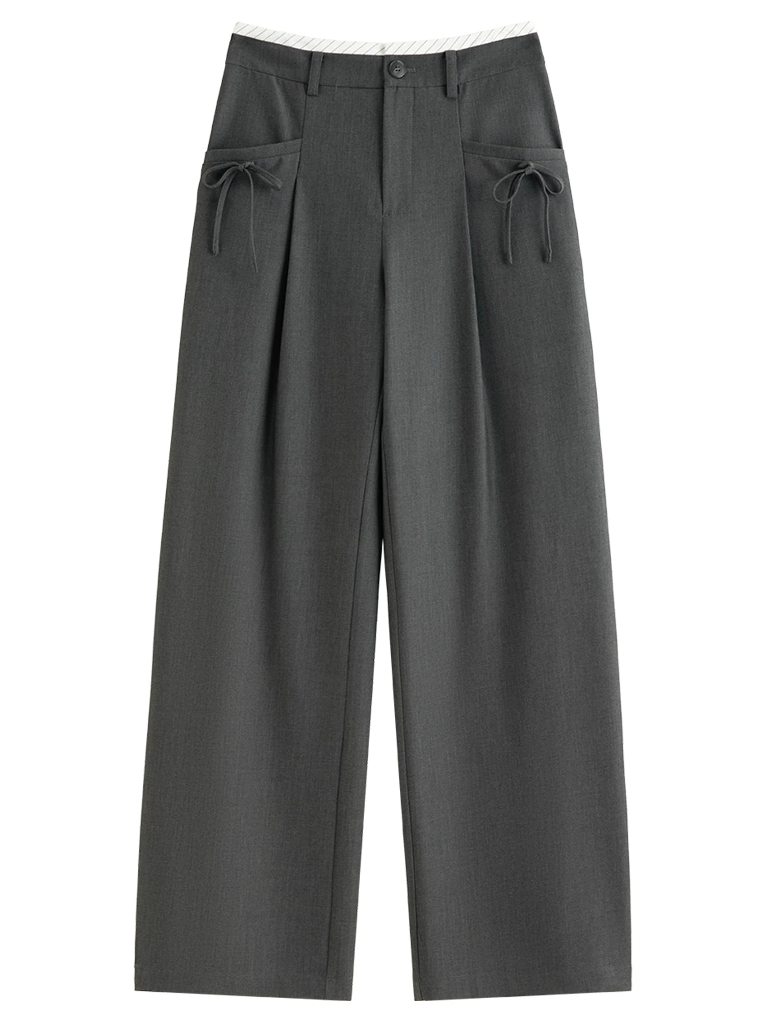 DUSHU 2026 Spring Women's Stripe Panel High Waist Straight Leg Pants - Elegant Casual Trousers with Contrast Trim for Daily