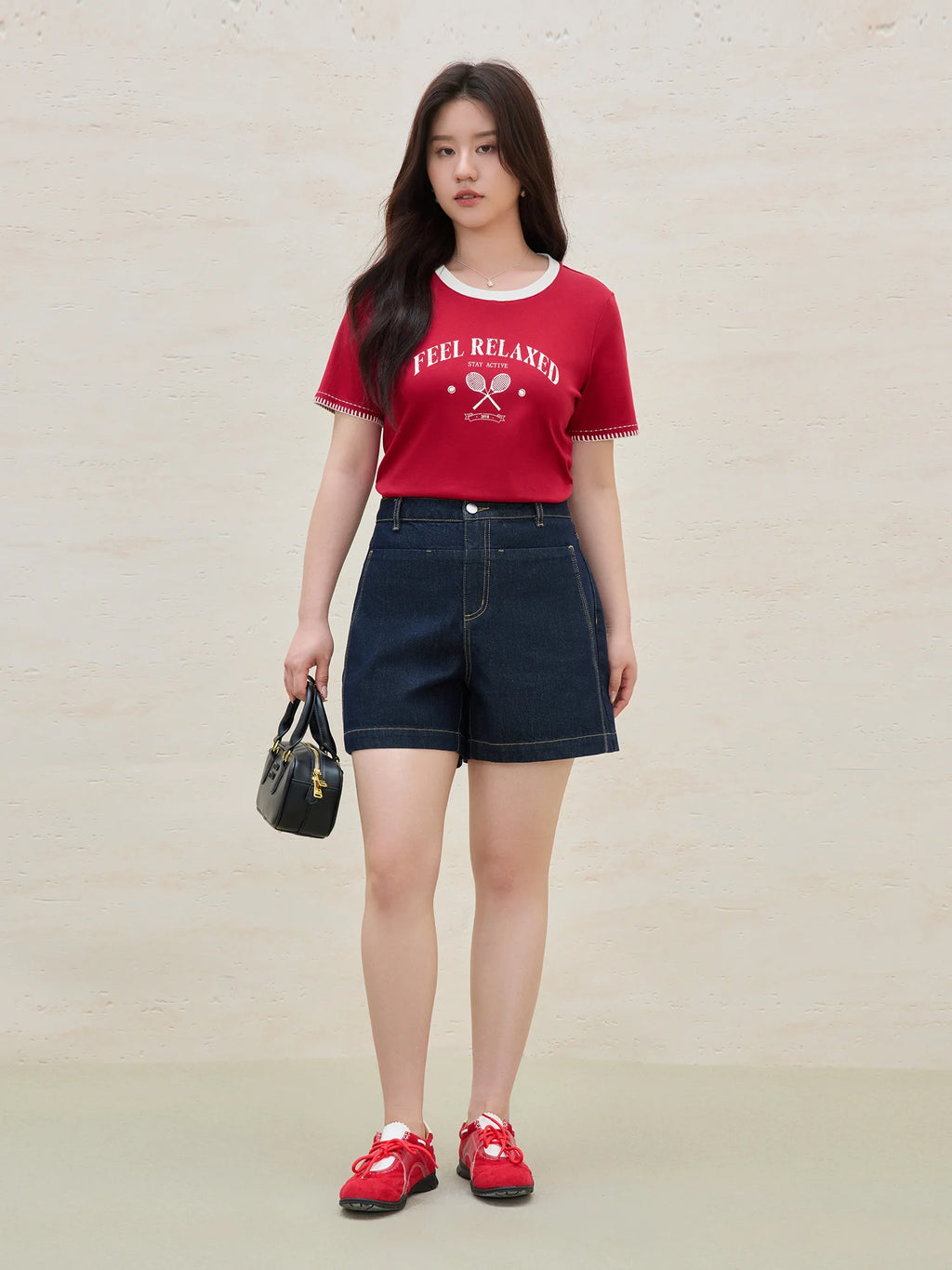 DUSHU 2025 Summer Women's Vintage Contrast-Stitch Round Neck Tee - Relaxed Fit & Breathable Cotton Blend for Casual Chic Style
