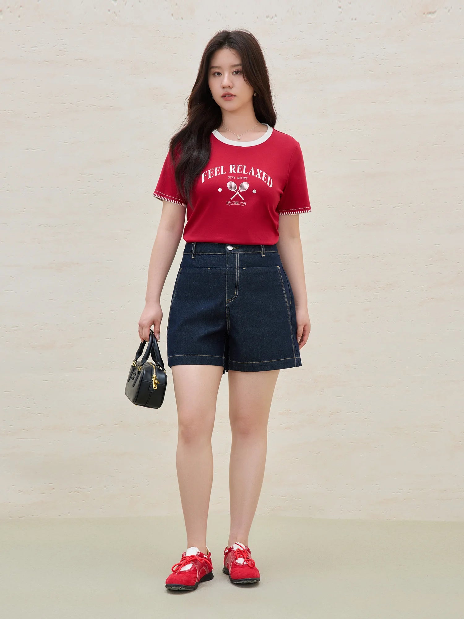 DUSHU 2025 Summer Women's Vintage Contrast-Stitch Round Neck Tee - Relaxed Fit & Breathable Cotton Blend for Casual Chic Style