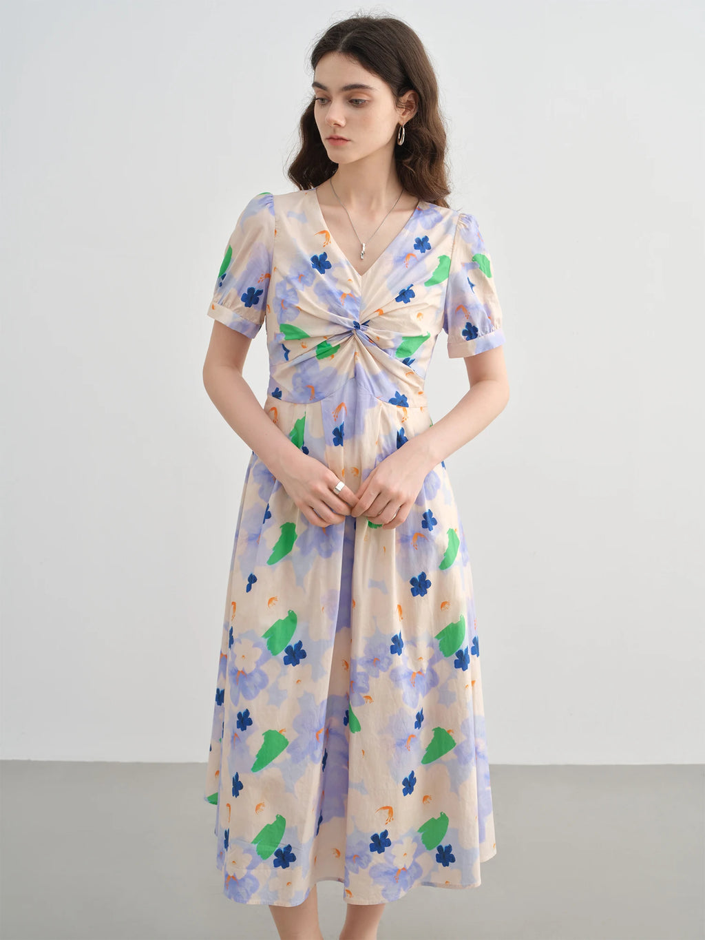 DUSHU 2025 Summer Plus-Size French-Inspired Textured Dress - Elegant Puff Sleeves & Waist Twist Design 25DS82299