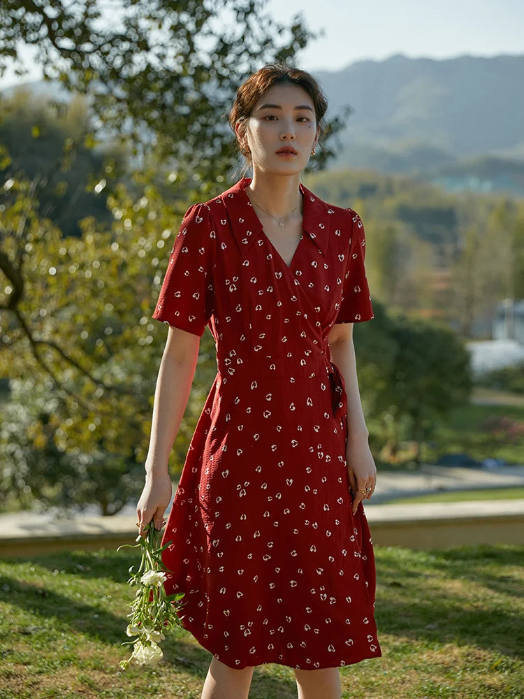 DUSHU Women Dress Summer Retro Red Floral Chiffon Dress Office Lady Short Sleeve A-LINE Skirt Clothes For Women Print Dresses