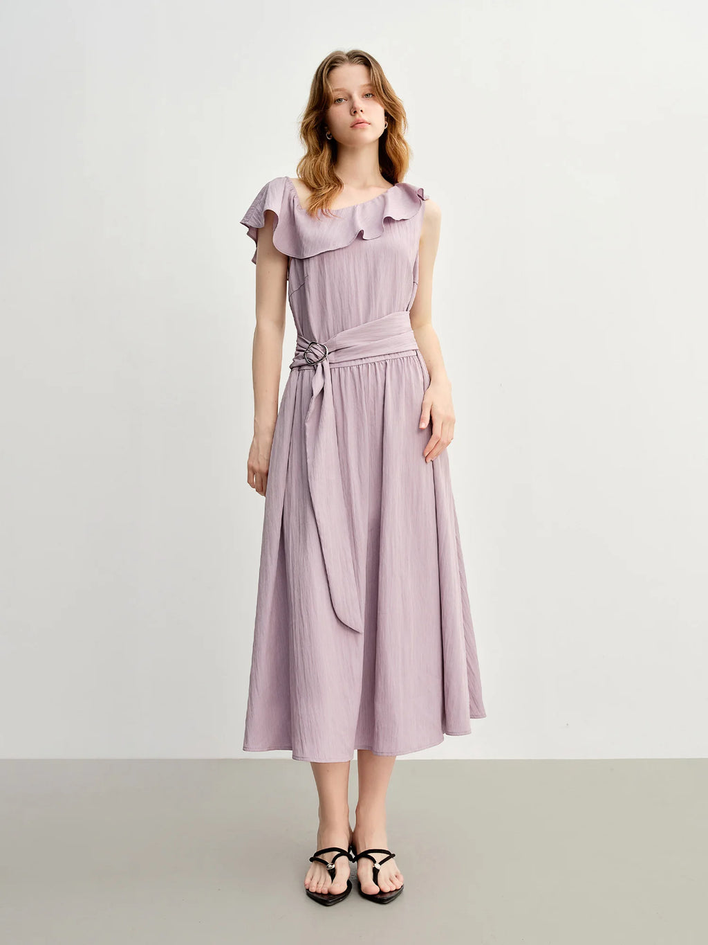 DUSHU Light Purple Romantic Ruffled Off-shoulder Sleeveless Dress 2025 Summer New Arrival Long Dress Holiday Season 25DS88013