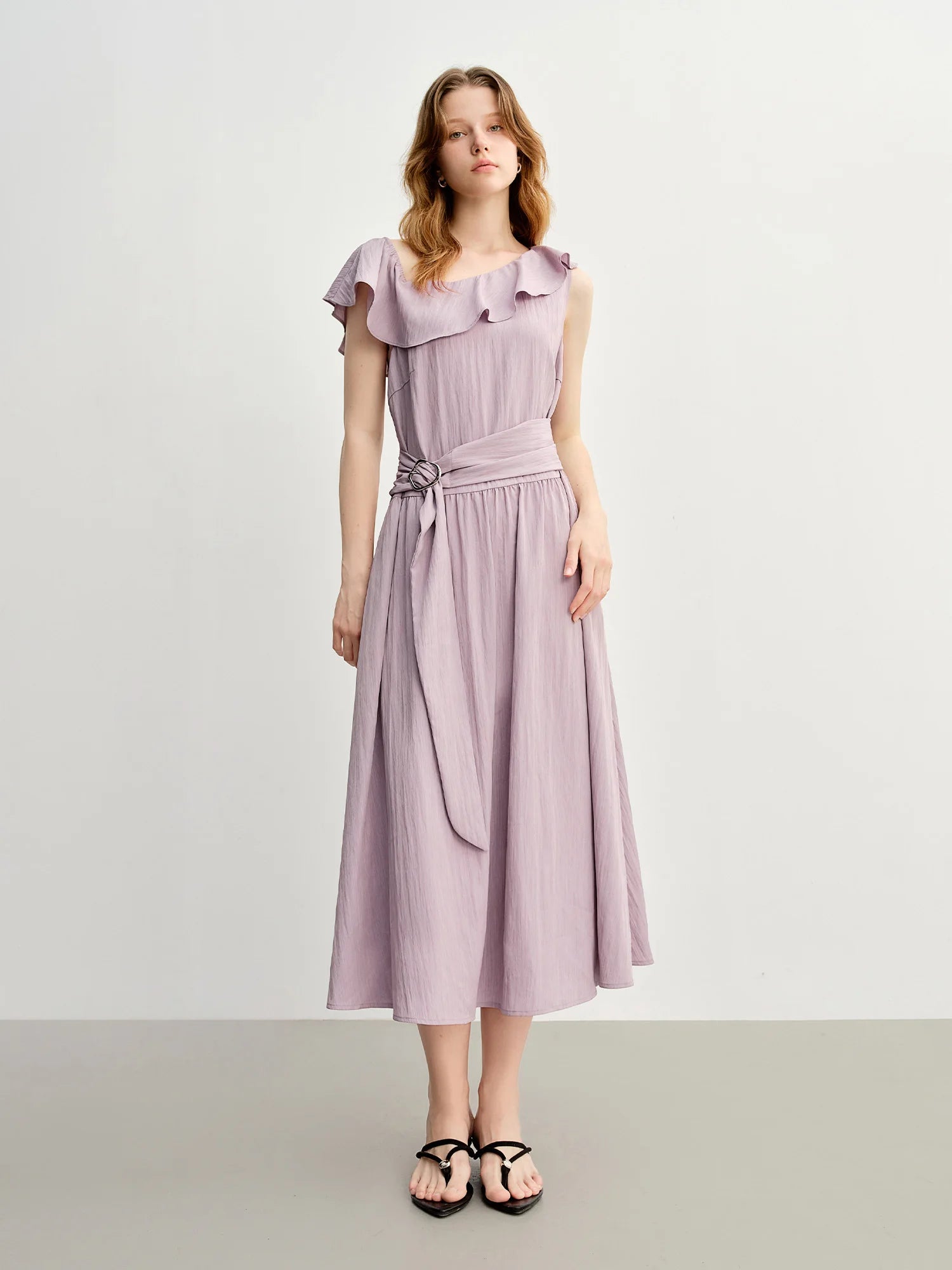 DUSHU Light Purple Romantic Ruffled Off-shoulder Sleeveless Dress 2025 Summer New Arrival Long Dress Holiday Season 25DS88013
