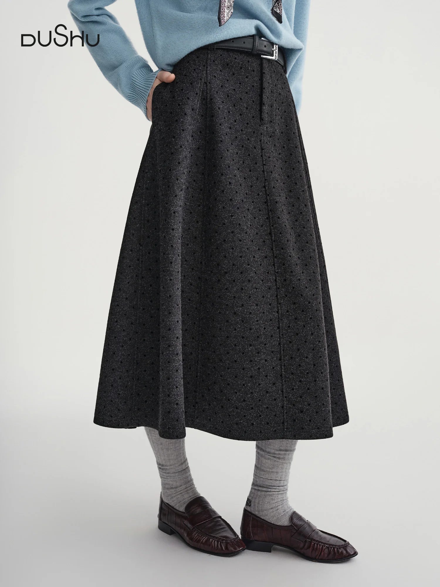 DUSHU 2025 Winter Women's High Waist Polka Dot Full Skirt with Elastic Back - A-Line Mid-Length Flared Skirt for Daily