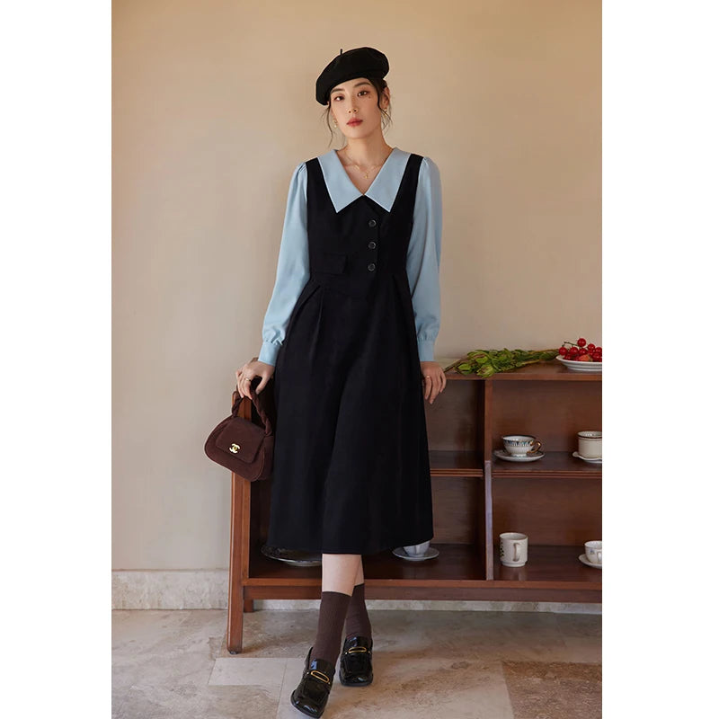 DUSHU Color Contrast Fake Two Pieces Vintage Dress For Women Autumn Winter 2022 Deep Red Black Women Solid Casual Dress