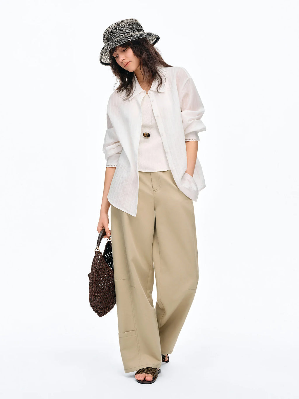 DUSHU Women's Workwear inspired Casual Pants High-waist Ripped Seam Metal Studs Straight-leg Long Pants 2026 Summer New Arrival