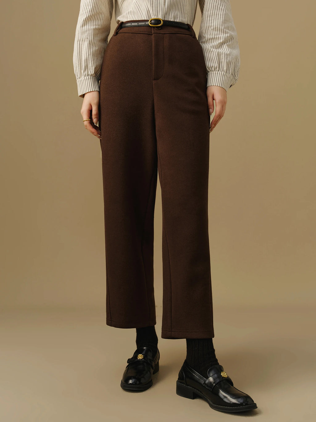 DUSHU Women Winter Trousers Thicken Cropped Office Lady Black Commuter Pants Brown Traped Winter Thick Casual Pant 24DS84432