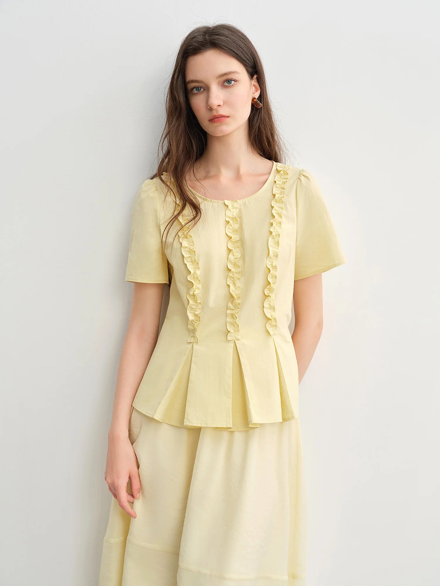 DUSHU Plus Size Women Sweet Youthful 2025 New Model Pleated Waist-Defining Slimming Round Neck Shirt Tops 25DS82955