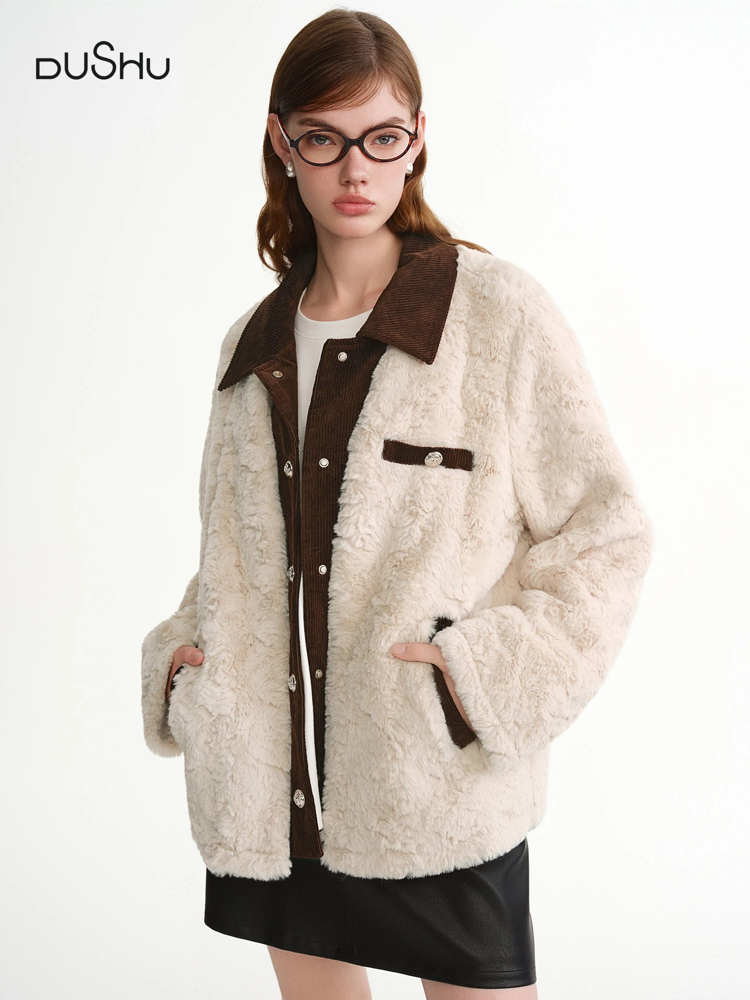 DUSHU Corduroy Patchwork Cropped Jackets Women Coat Autumn and Winter Eco-friendly Faux Fur Retro Soft Daily Commuting Stylish