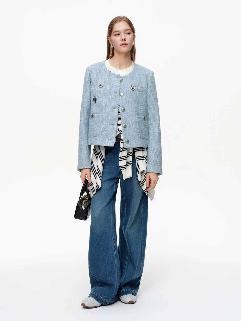DUSHU 【Morning Mist Blues】Pin-Decorated Round Collar Jacket 2026 Spring New Arrival Early Spring Long Sleeved Coat Commute Style
