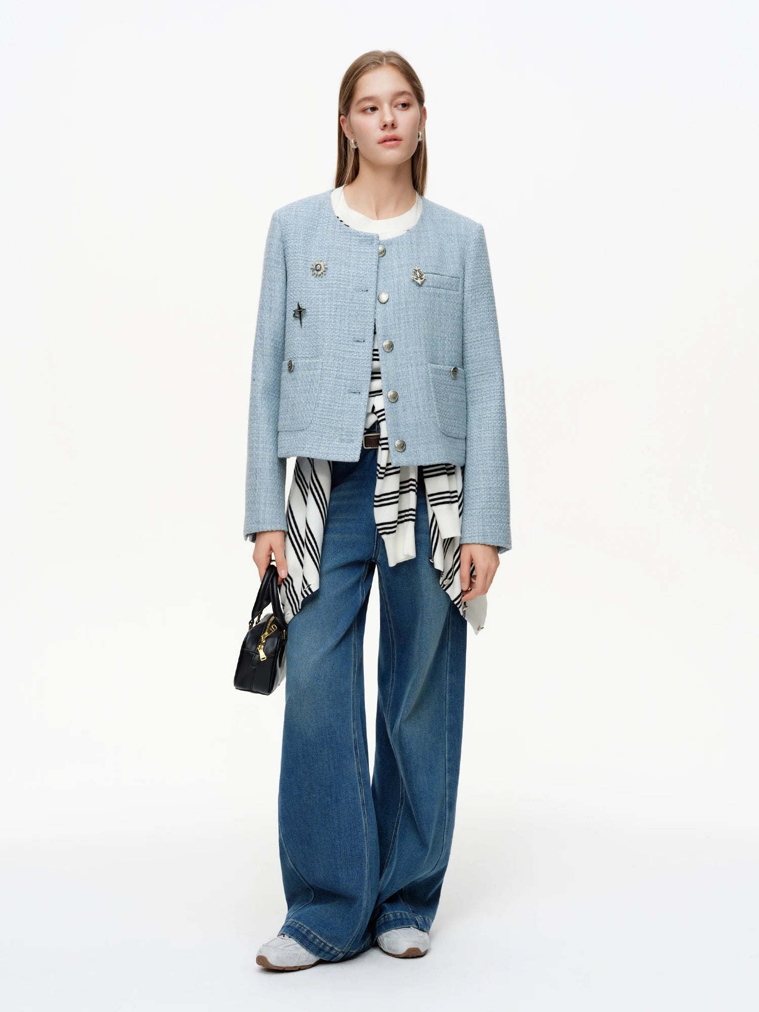 DUSHU 【Morning Mist Blues】Pin-Decorated Round Collar Jacket 2026 Spring New Arrival Early Spring Long Sleeved Coat Commute Style
