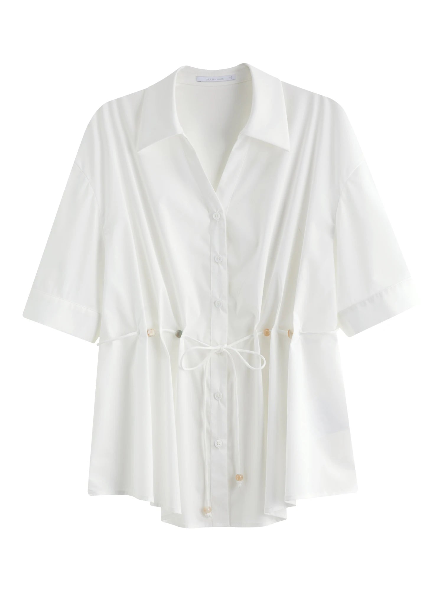 DUSHU Beaded Lace-up Pinched Pleated V-neck Shirt 2025 Summer New Commuter Temperament Top 25DS82696