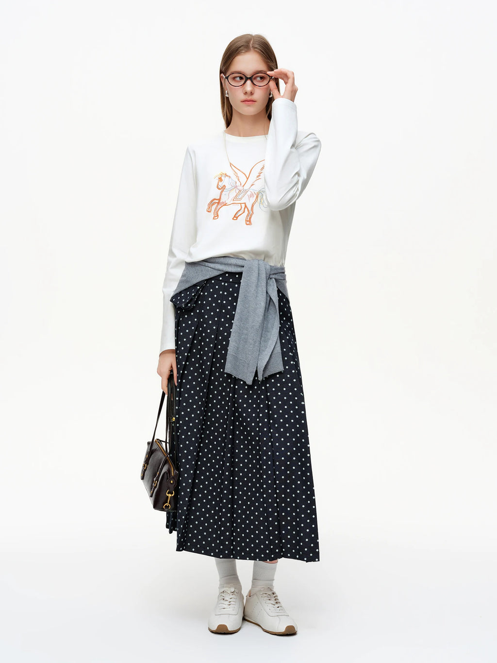DUSHU 2026 Spring New Women's Polka Dot Midi Skirt Retro Black White Flared Pleated Skirt Vintage Waist Tie A-Line Party Skirt